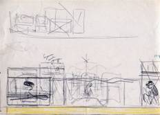 Schizzo di studio, su carta con matite colorate. Allestimento mostra di M. Cavaglieri a Rovigo, 1978